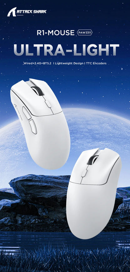 Attack Shark R1 lahka brezžična gaming miška Bluetooth 2.4G PAW3311 18000DPI ergonomska miška z makri