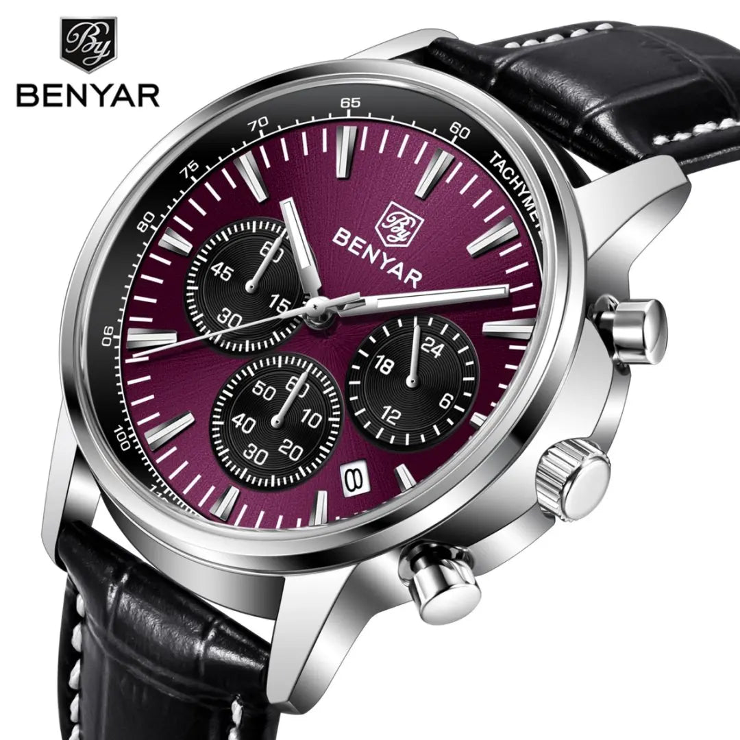 Reloj de lujo para hombre Benyar: cronógrafo con fecha, correa de piel, resistente al agua, luminiscente, estilo deportivo y militar, reloj de cuarzo