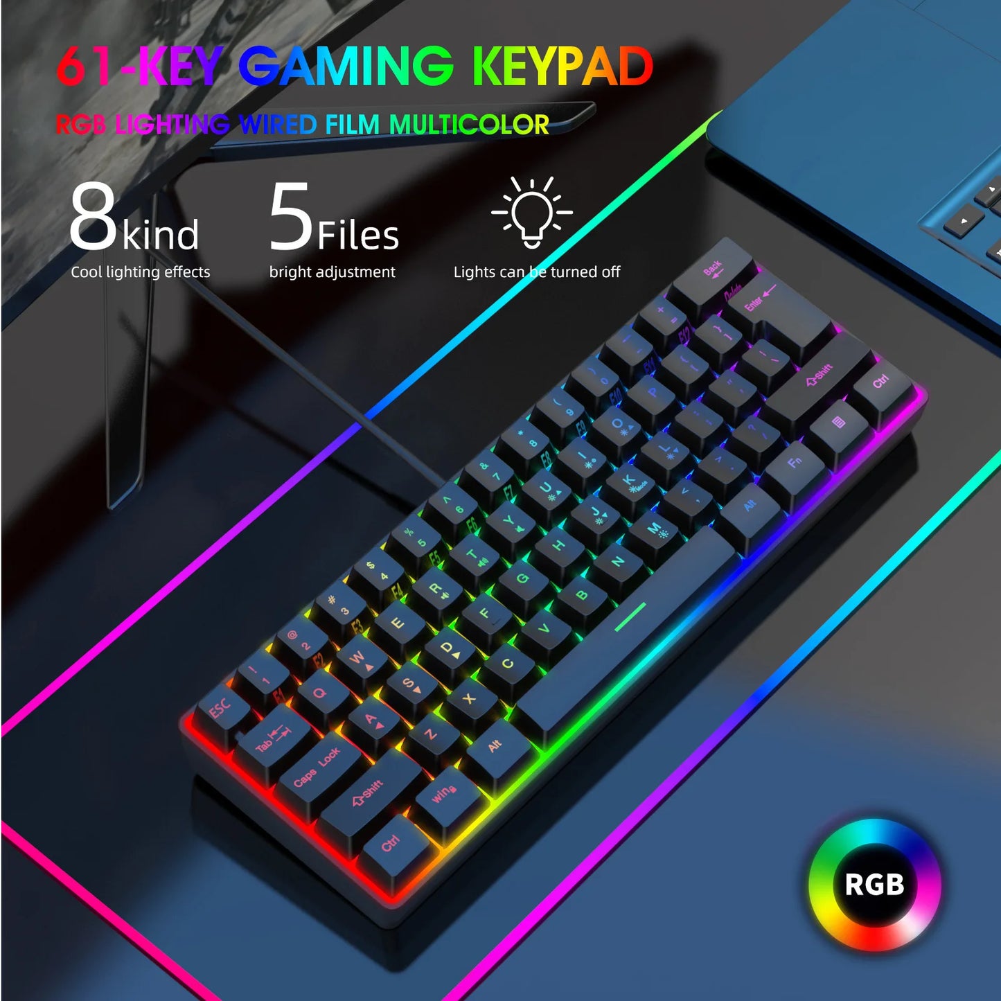 Russian Keyboard English RGB Lighting 61 Keys 60% Layout Gaming Keyboard ISO USB Wired Full Key No Impact K401 For Game Office