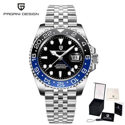 Montre mécanique pour homme Pagani Design GMT – Modèle de luxe avec verre saphir, boîtier en acier inoxydable et lunette en céramique – Montre automatique pour homme, style professionnel
