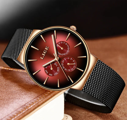 Reloj de mujer LIGE, elegante y a la última: estilo deportivo e informal, correa de malla, mecanismo de cuarzo, indicador de fecha y día, resistente al agua.
