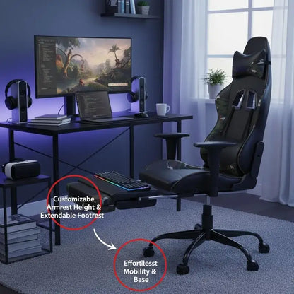 Gaming Chair with Footrest Black and Camouflage 66X56X120,5-131 cm in Imitation Leather, Reclining 360 Swivel ° Can Carry 110 kg