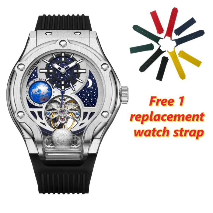 HANBORO Rose Gold Starry Sky Hollow Flywheel Moon Phase Automatic Mechanical Watch Luxury Space Theme Sports Watch 980