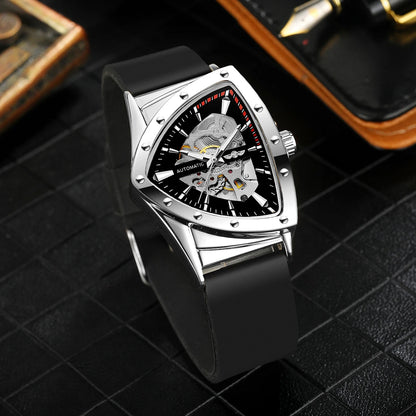 WINNER High Quality Watch for Men Triangle Steel Skeleton Mechanical Automatic Movement Clockwork Waterproof Rubber strap Wrist