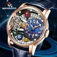 HANBORO Rose Gold Starry Sky Hollow Flywheel Moon Phase Automatic Mechanical Watch Luxury Space Theme Sports Watch 980