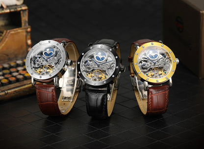 Montre-bracelet mécanique automatique SKROX pour homme, modèle squelette avec fonction GMT, phase de lune et tourbillon – Montre de luxe haut de gamme, élégante et originale.