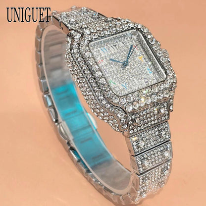 UNIGUET New Women Full Diamond Iced out Watch Fashion Square Rainbow Dial Hip Hop Bling Luxury Quartz Ladies Wristwatch Hot Sale