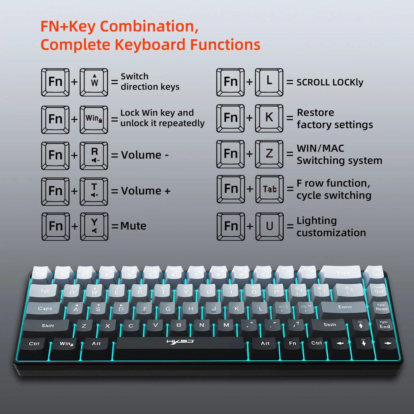 New 68% Three-Mode Wired/Wireless/Bluetooth Gaming Keyboard Gradual Change Gray RGB Backlight