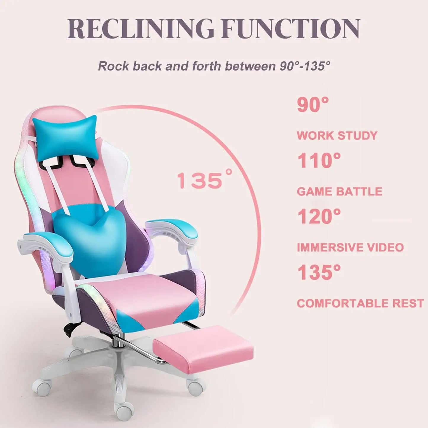 RGB LED Gaming Chair for Adults, Ergonomic Video Game Chair with Speakers, Lumbar Support Office Chair Reclining Computer Chair