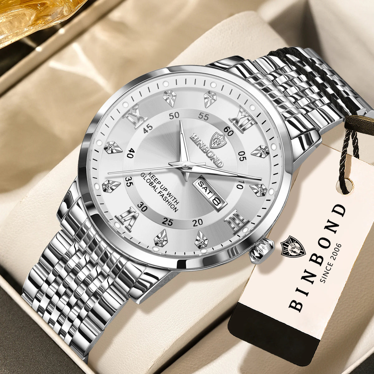 Reloj de pulsera de cuarzo de lujo BINBOND para hombre: resistente al agua, luminiscente y con indicador del día de la semana; estilo ejecutivo, deportivo, de moda y desenfadado