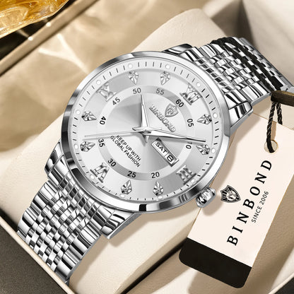 Reloj de pulsera de cuarzo de lujo BINBOND para hombre: resistente al agua, luminiscente y con indicador del día de la semana; estilo ejecutivo, deportivo, de moda y desenfadado