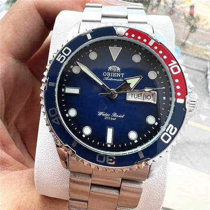Orient Men's 200M Waterproof Automatic Dive Watch Dial Stainless Steel Bracelet Day Date Self-Winding Luminous Wristwatch