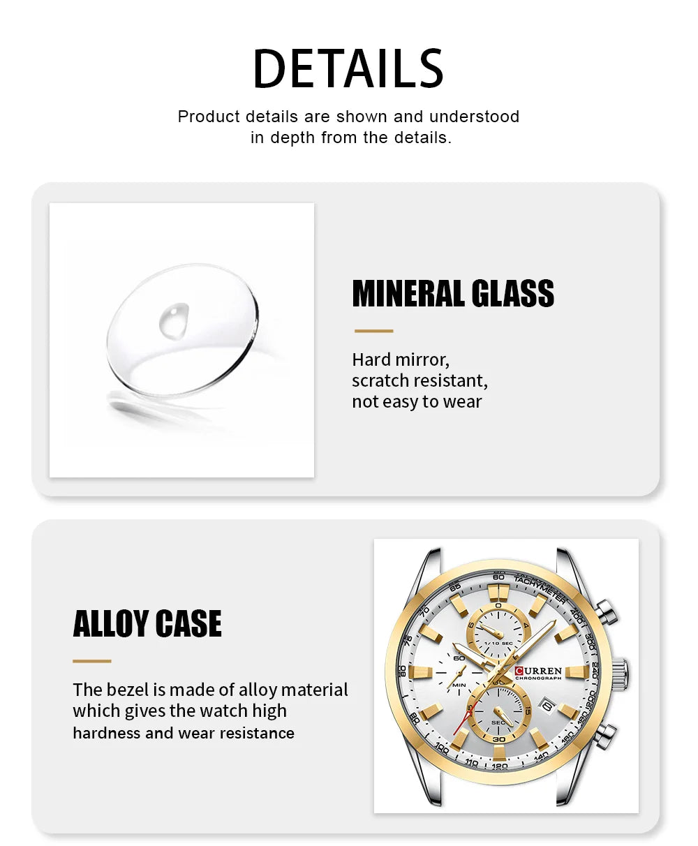 CURREN Quartz Chrono Sport Watch Brands for Men - Stainless Steel Bracelet and Multifunctional Dial