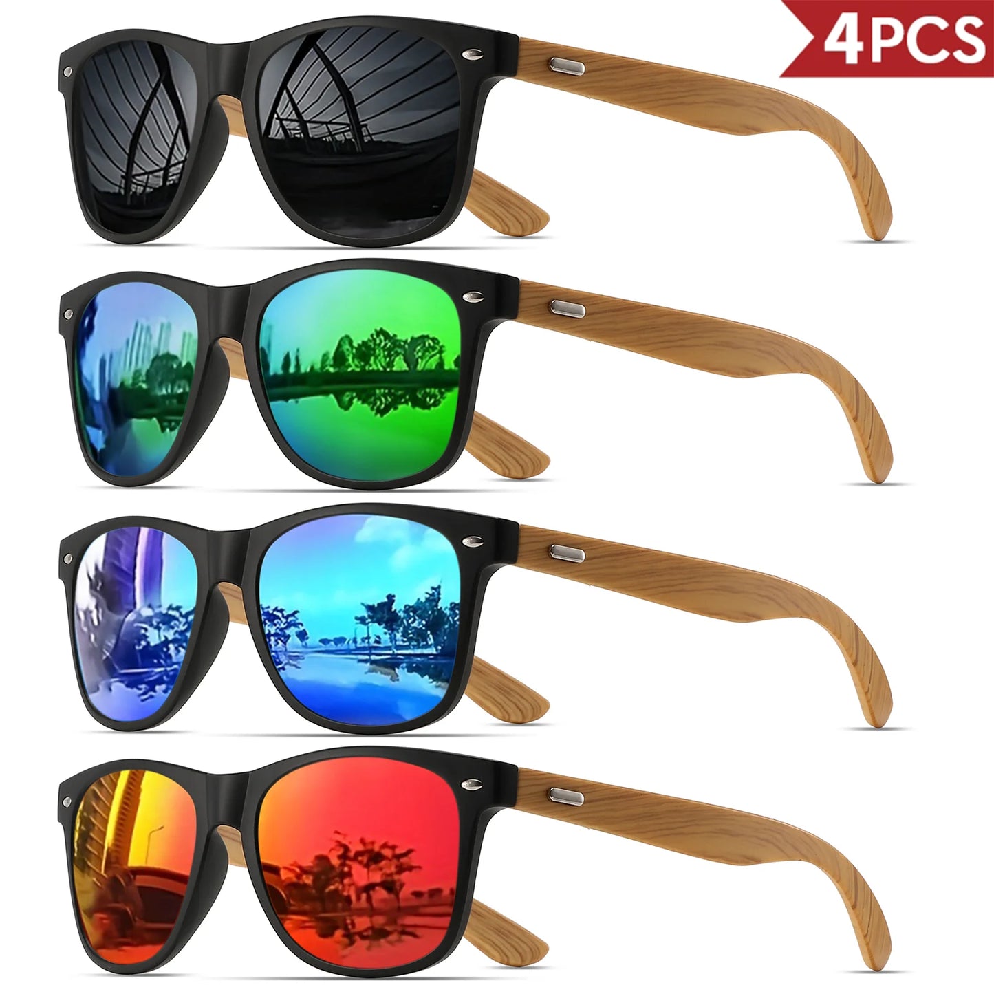 4PCS Bamboo Texture Square Sunglasses UV400, Fashion Unisex Classic - Lightweight for Casual Wear & Holidays