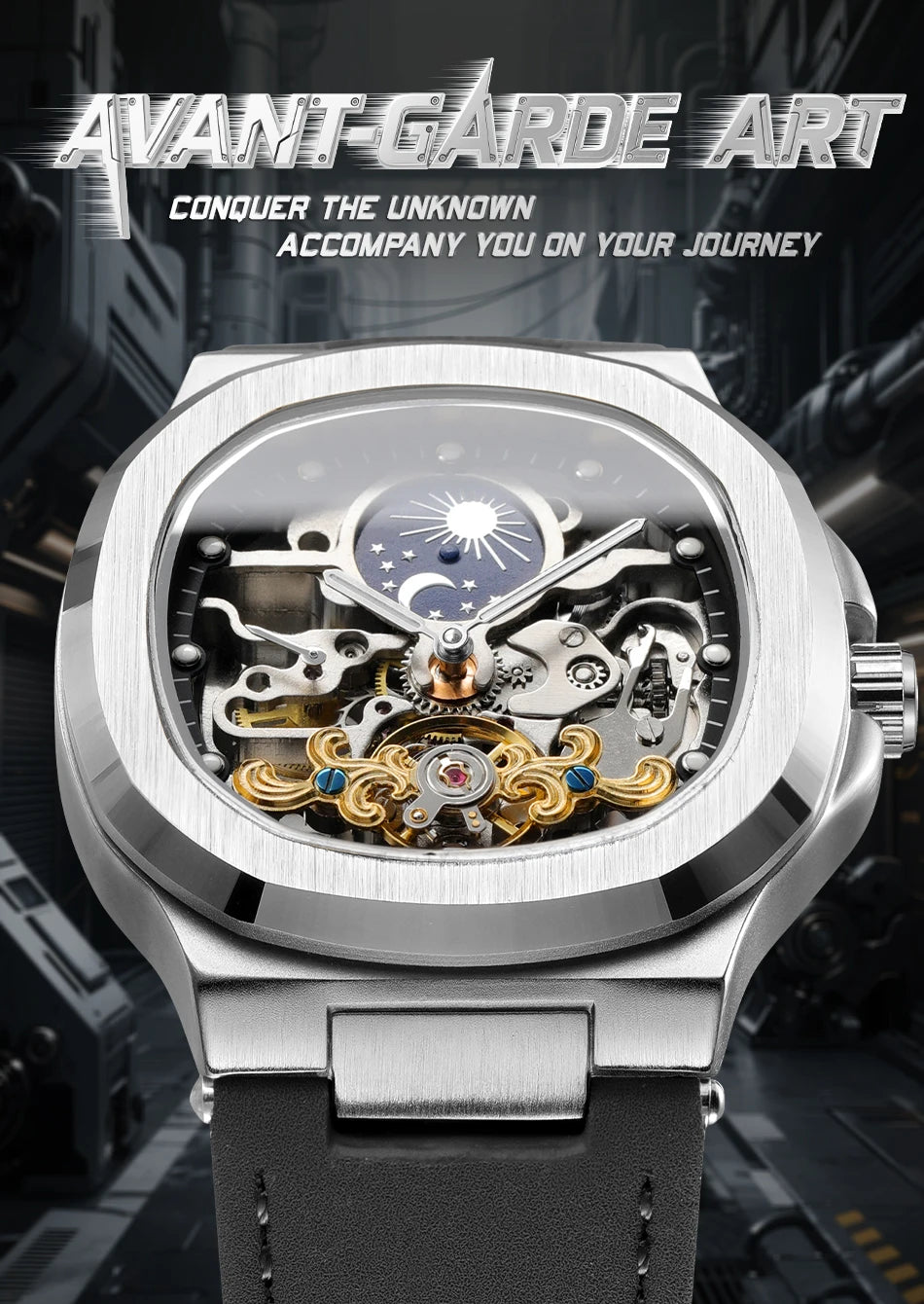 2025High-end Luxury SKROX Square Man Watch Sapphire Tourbillon Steel Skeleton Moon Phase Automatic Movement Leather Male Watches