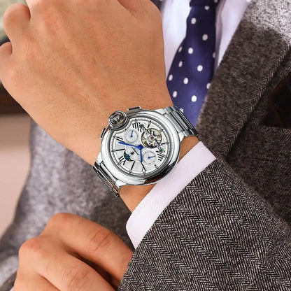 Reloj para hombre POEDAGAR, de estilo lujoso y profesional, con indicador de fecha y día, tourbillon, caja de acero inoxidable, movimiento mecánico automático y resistencia al agua.