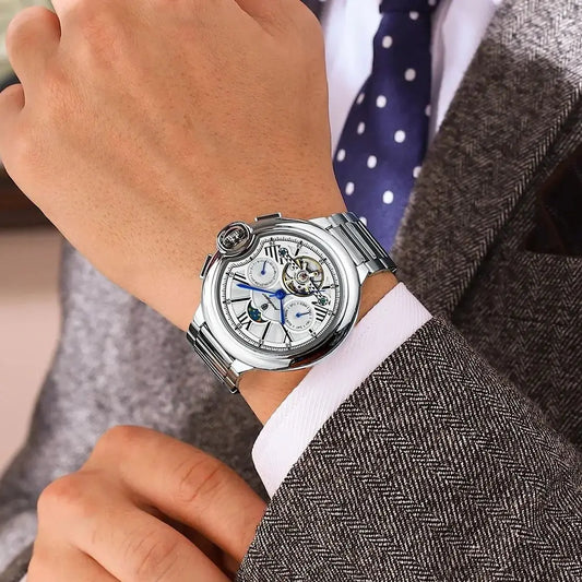 Reloj para hombre POEDAGAR, de estilo lujoso y profesional, con indicador de fecha y día, tourbillon, caja de acero inoxidable, movimiento mecánico automático y resistencia al agua.