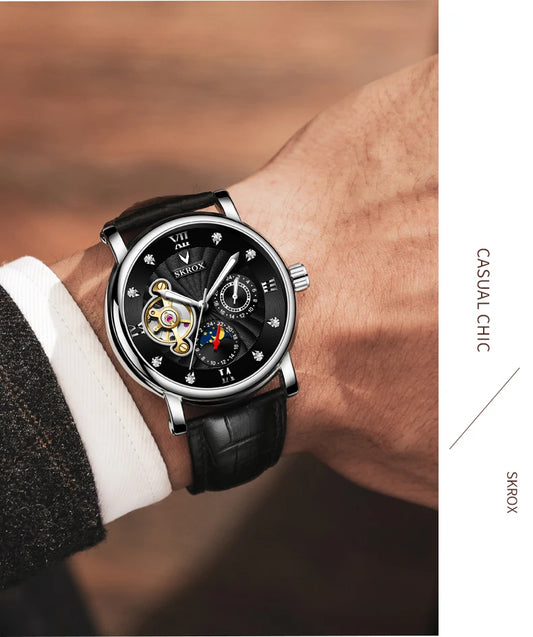 Montre mécanique automatique de luxe pour homme, signée par une grande marque, dotée d'un tourbillon, d'une phase de lune et de diamants – une montre-bracelet élégante.