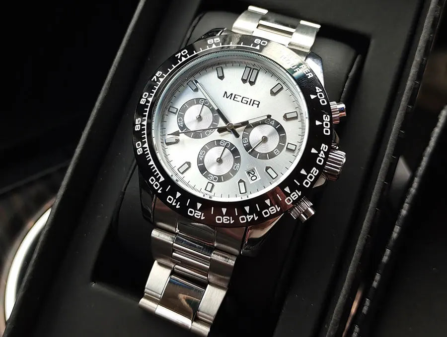 Reloj de hombre MEGIR, marca de lujo, reloj deportivo de cuarzo, correa de acero inoxidable, resistente al agua, cronógrafo, reloj de pulsera