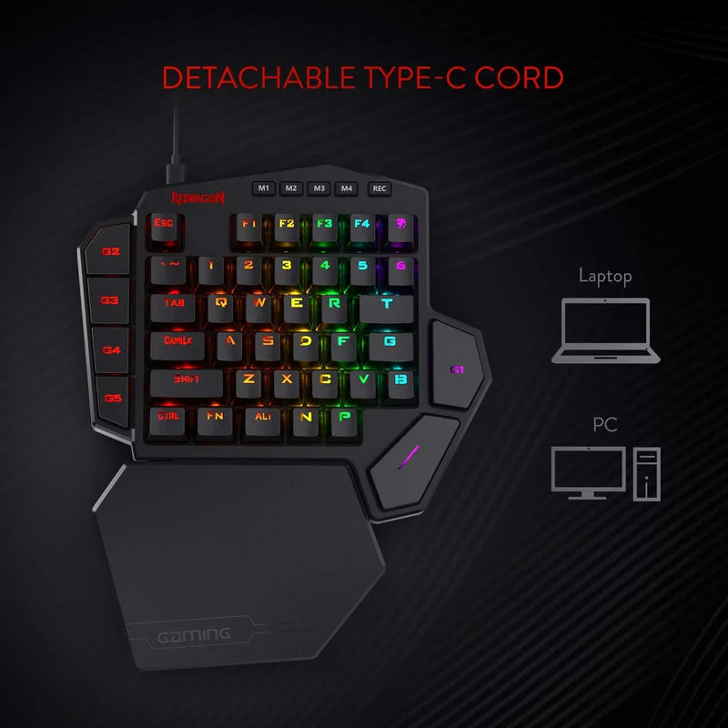 Redragon K585 DITI One-Handed RGB Mechanical Gaming Keyboard, Wrist Rest 42 Keys Type-C Professional Gaming Keypad Hot-Swappable