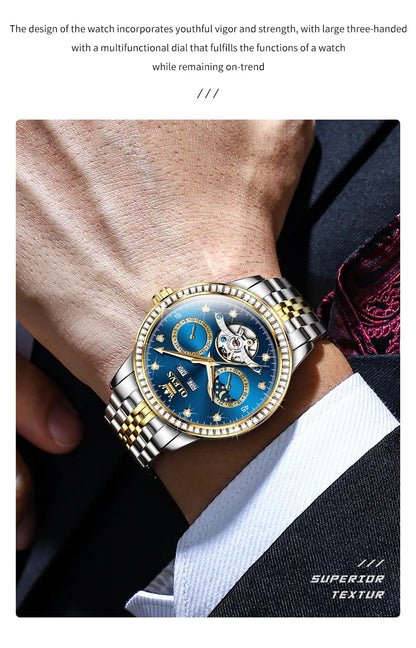 OLEVS 7016 Automatic Man Watch Stainless Steel Diamond Bezel Skeleton Flywheel Moon Phase Luminous Waterproof Mechanical Watches