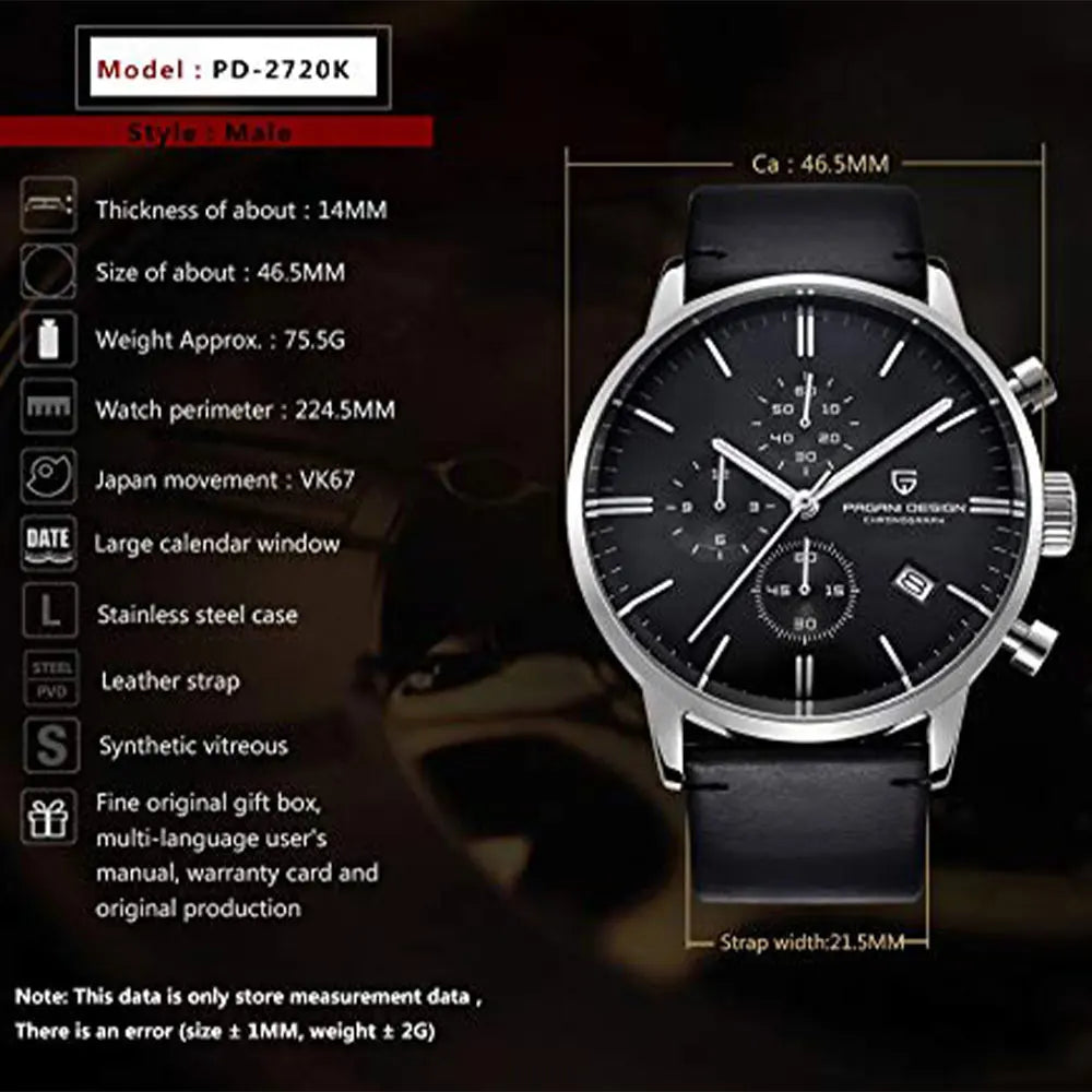 PAGANI DESIGN New 2720K Men Watch VK67 Quartz Wristwatch Multi functional Chronograph Sapphire Glass Waterproof Clock Watch Gift