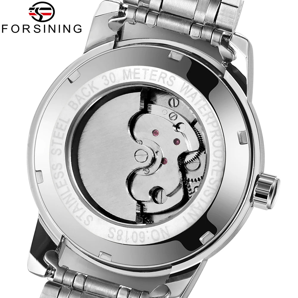 Montre mécanique automatique pour homme Forsining – Style luxe, business et mode, bracelet en métal, tourbillon, aiguilles luminescentes, ornée de diamants artificiels