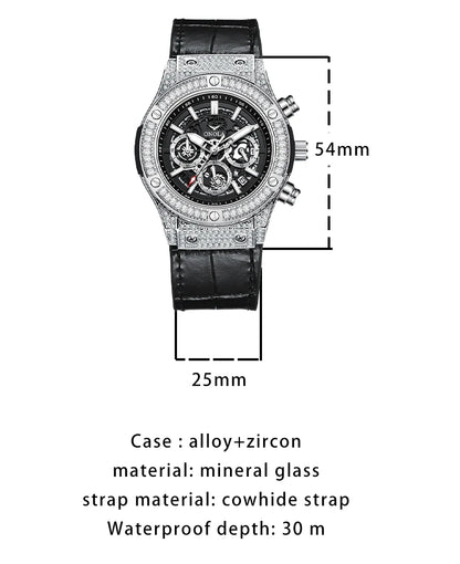 ONOLA Luxury Style Diamond Inlaid Men Quartz Watch Leather Strap Calendar Men Watch 30M Waterproof Men Clock