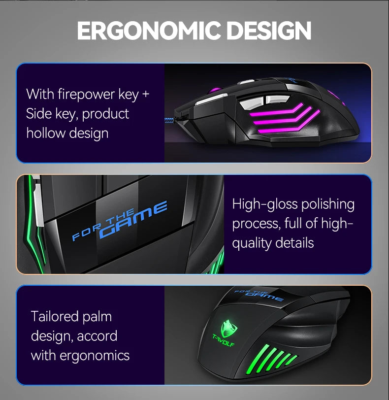 T-WOLF Wired Gaming Mouse 7-Button RGB Backlit Ergonomic Mechanical Mouse for PC Gamer