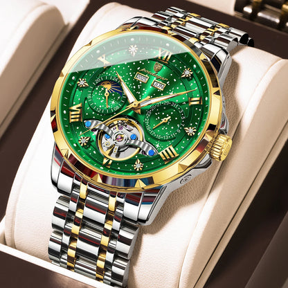 Montre mécanique automatique pour homme POEDAGAR – Modèle haut de gamme, boîtier en acier inoxydable, calendrier, tourbillon apparent