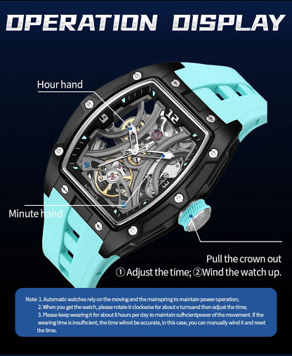 MEGIR Sports Style Automatic Mechanical Watch for Men Full Hollow Transparent Dial Design Stainless Steel Case Silicone Strap
