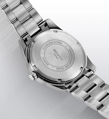 Reloj para hombre BERNY – Reloj de cuarzo, cristal de zafiro, agujas luminiscentes, resistente al agua hasta 10 ATM, fabricado íntegramente en acero inoxidable – Estilo elegante y desenfadado, ideal para el día a día o para ocasiones profesionales