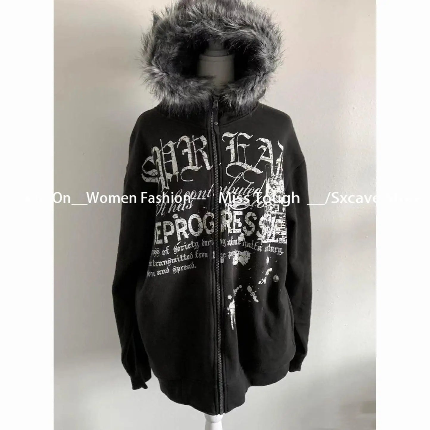 American Vintage Black Faux Fur Sweatshirts Women Letter Printed Subculture Coats with Hooded Female Gothic Harajuku Jackets Y2k, Produit gaming premium Fraquane