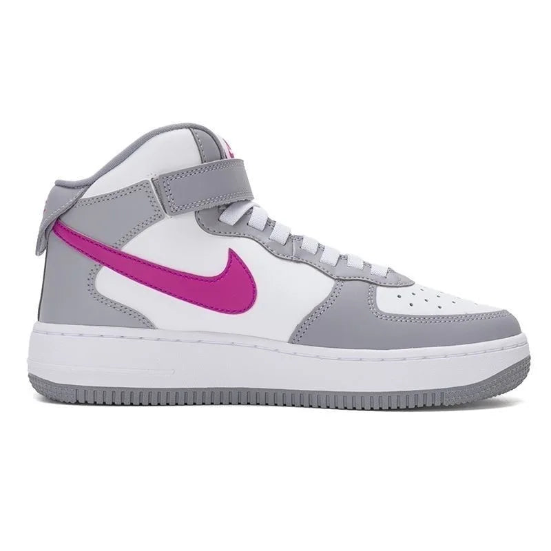 Nike Air Force 1 Mid EasyOn, chaussure de ville confortable et polyvalente, modèle à lacets, tige haute, couleur gris ciment et rose vif, unisexe, FN1193-003.