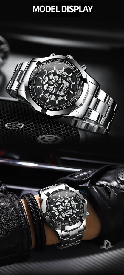 Montre-bracelet BINBOND pour homme, motif crâne squelette, à quartz précis, luxueuse, lumineuse, étanche, avec date automatique, robuste.