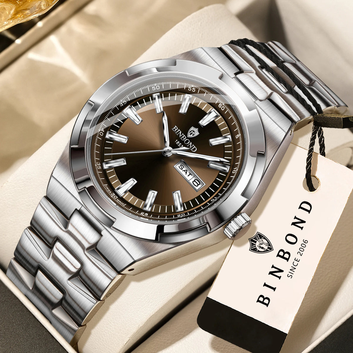 Relojes de cuarzo BINBOND de acero inoxidable para hombre – Reloj de lujo, resistente al agua y luminiscente – Modelo original para hombre