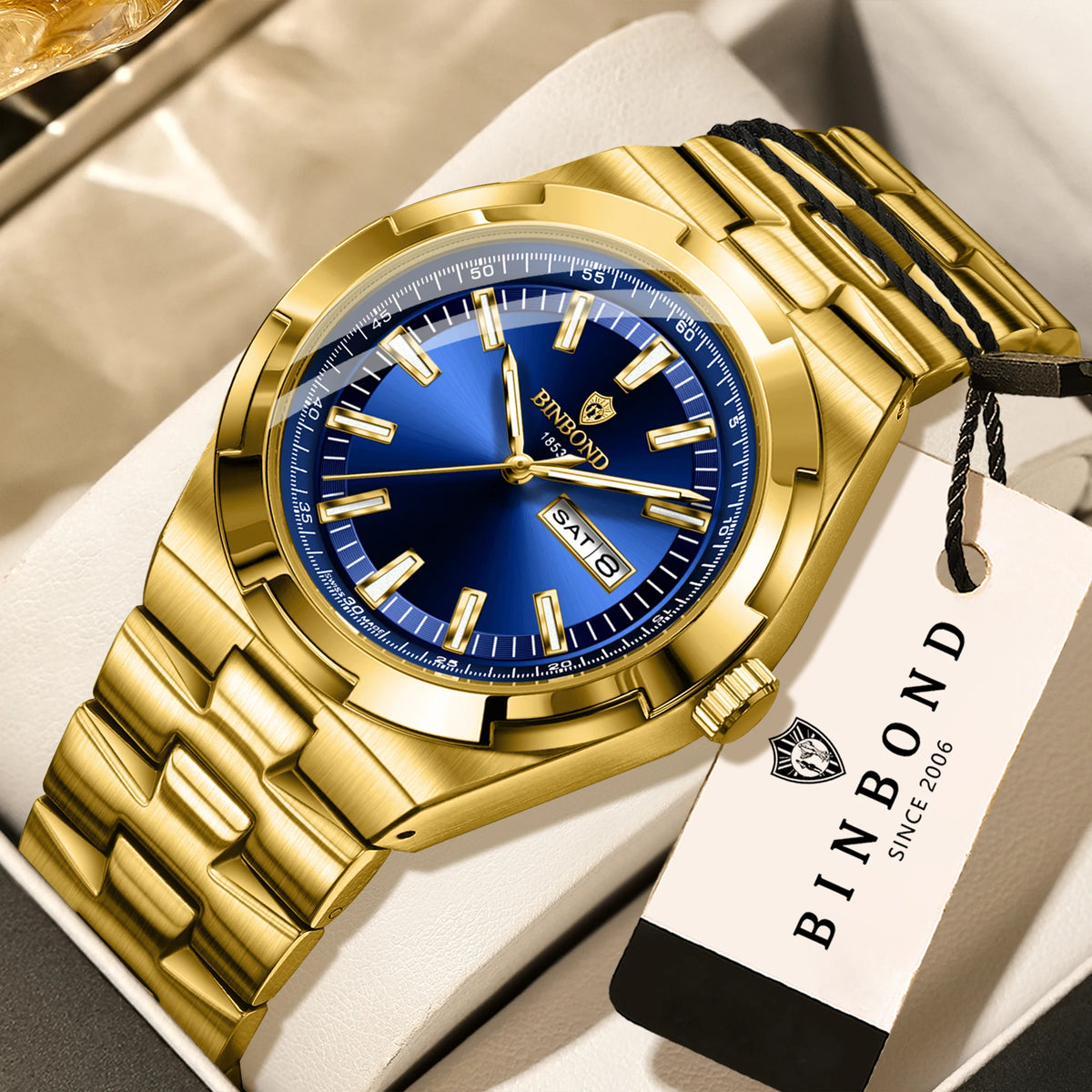 Relojes de cuarzo BINBOND de acero inoxidable para hombre – Reloj de lujo, resistente al agua y luminiscente – Modelo original para hombre
