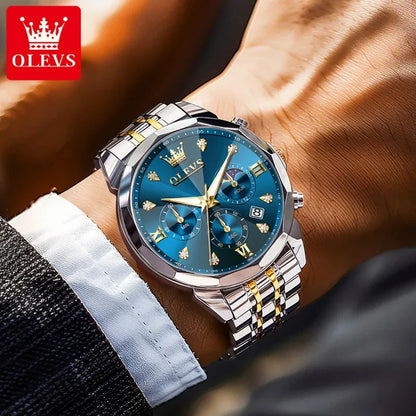 Montre homme OLEVS 3670, élégante, à phase de lune, à quartz, étanche, lumineuse, automatique, date, en acier inoxydable