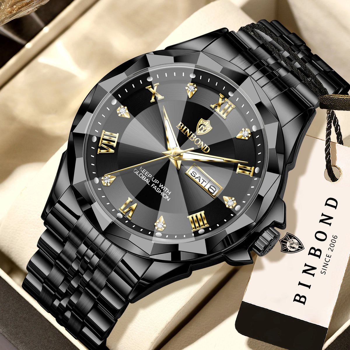 Reloj de cuarzo para hombre BINBOND: reloj de pulsera de lujo, luminiscente y resistente al agua, con indicador del día de la semana y fecha automática.