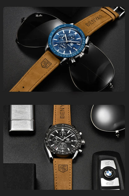 Montre homme BENYAR 5140, montre de sport décontractée, montre à quartz de luxe étanche, chronographe militaire de marque haut de gamme.