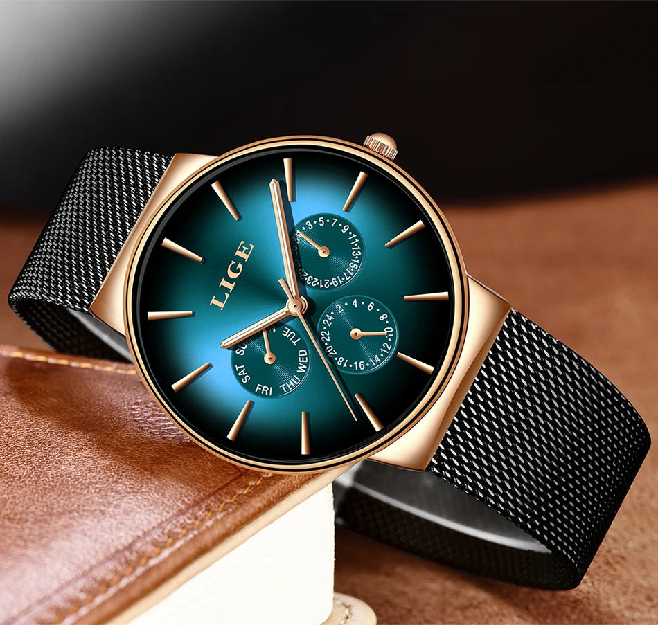 Reloj de mujer LIGE, elegante y a la última: estilo deportivo e informal, correa de malla, mecanismo de cuarzo, indicador de fecha y día, resistente al agua.