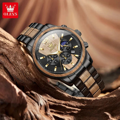 Reloj de hombre OLEVS 3645 de madera, de lujo, con iluminación nocturna, cronógrafo multifuncional, de cuarzo, estilo retro, reloj deportivo de moda.