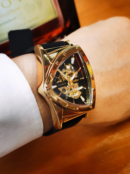 Reloj automático para hombre WINNER, diseño esqueleto triangular, agujas luminiscentes, correa de caucho, estilo militar, reloj mecánico de lujo