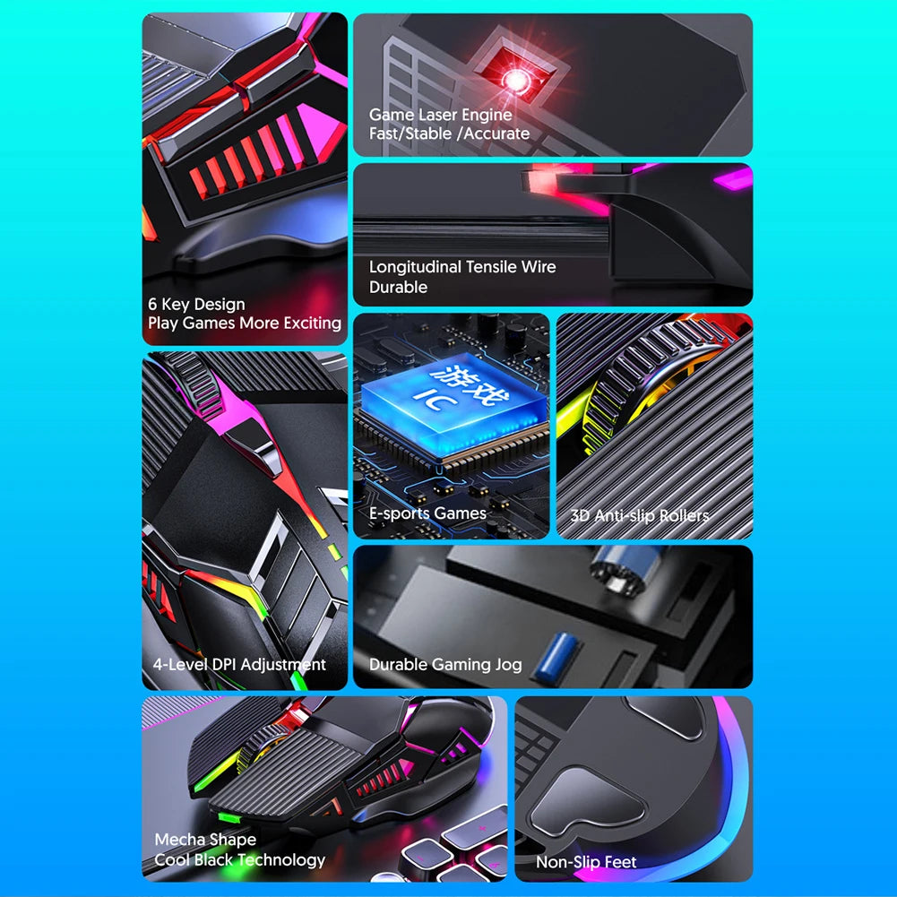 3200DPI Ergonomic Wired Gaming Mouse USB Computer Mouse Gaming RGB Backlit Gamer Mouse 6 Button LED Silent Mice for PC Laptop