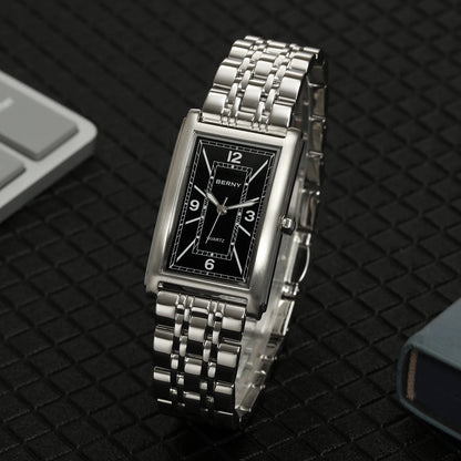 Reloj cuadrado para hombre BERNY – Movimiento de cuarzo, esfera con números romanos, indicación luminiscente, caja de acero inoxidable 316L – Reloj rectangular elegante y desenfadado