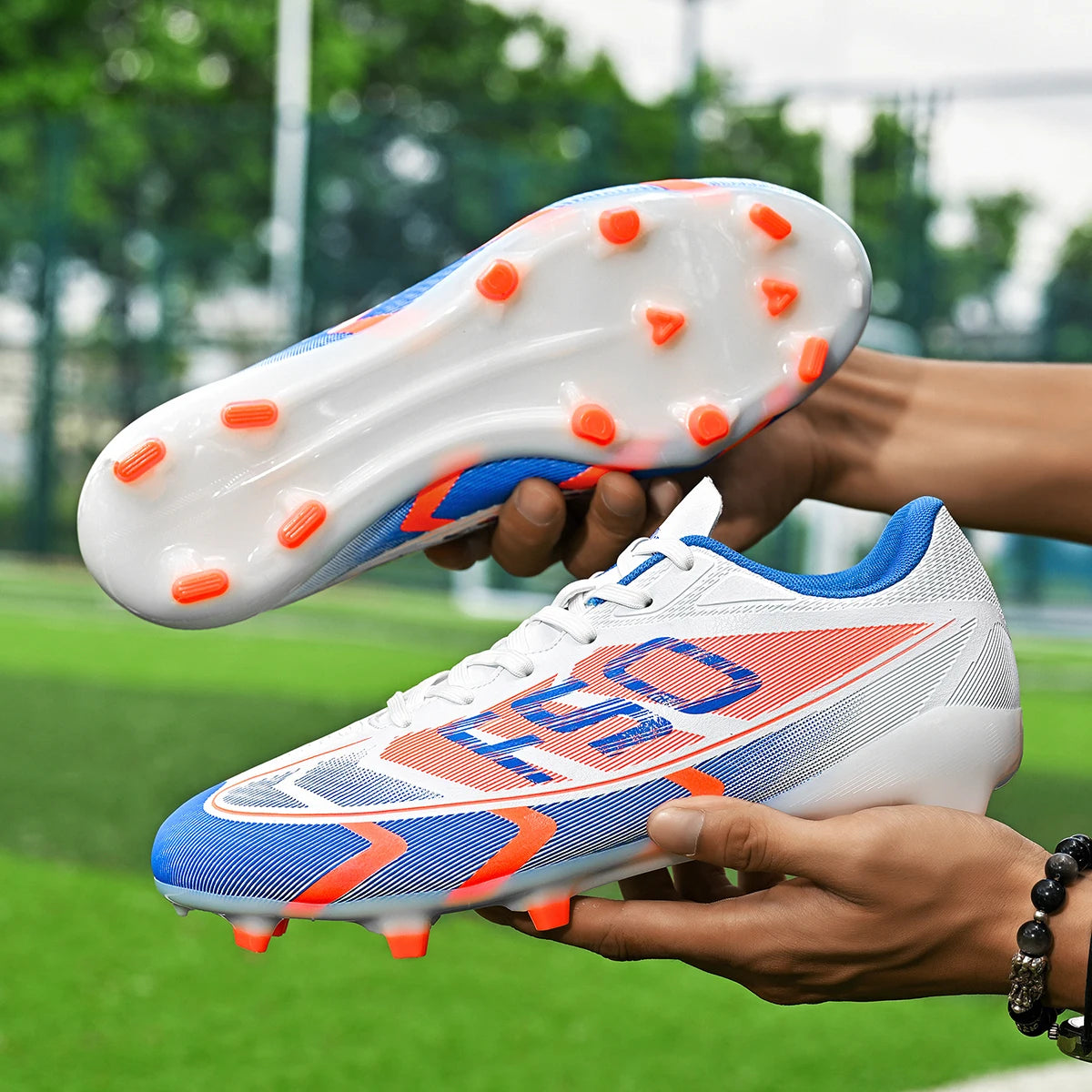 Unisex AG FG Soccer Shoes PU Woven Fabric Upper TPU Shockproof Sole Wear Resistant Anti-slip Teenager Competition Sneakers