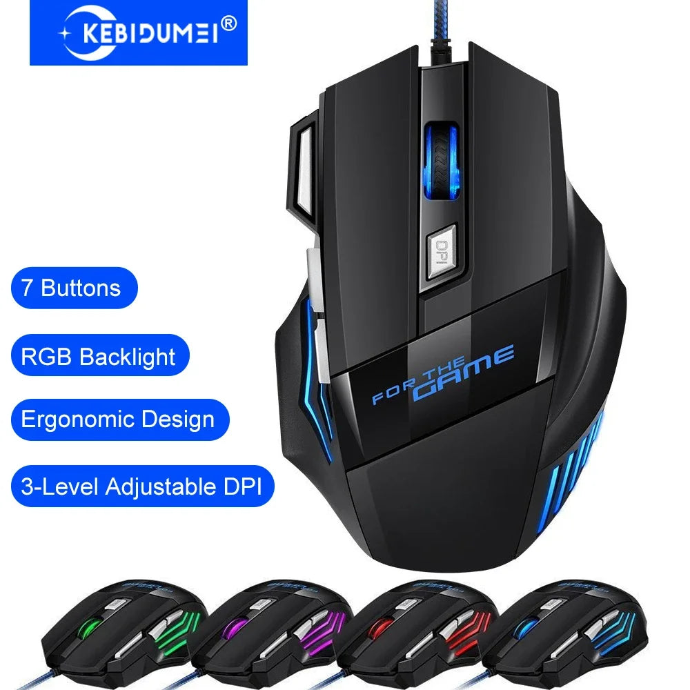 Ratón gaming con cable KEBIDUMEI, 7 botones, retroiluminación RGB, ratón USB ergonómico, 2400 DPI, 3 niveles de DPI, para PC, portátil, Windows y Mac OS