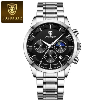 Montre-bracelet de luxe pour homme POEDAGAR, style militaire, étanche, lumineuse, chronographe, en acier inoxydable, à quartz, avec boîte.