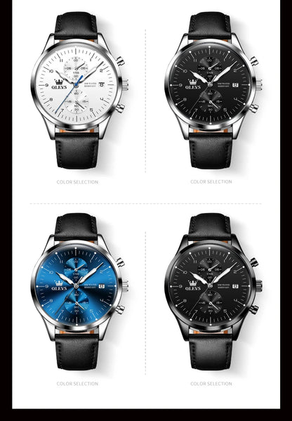 Montre pour homme OLEVS 2880 – Chronographe élégant et épuré, bracelet en cuir, affichage automatique de la date, étanche, aiguilles luminescentes, mouvement à quartz.