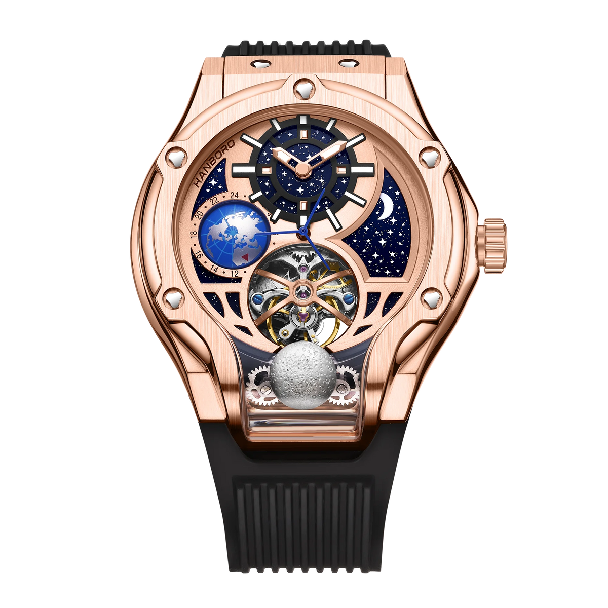 HANBORO Rose Gold Starry Sky Hollow Flywheel Moon Phase Automatic Mechanical Watch Luxury Space Theme Sports Watch 980